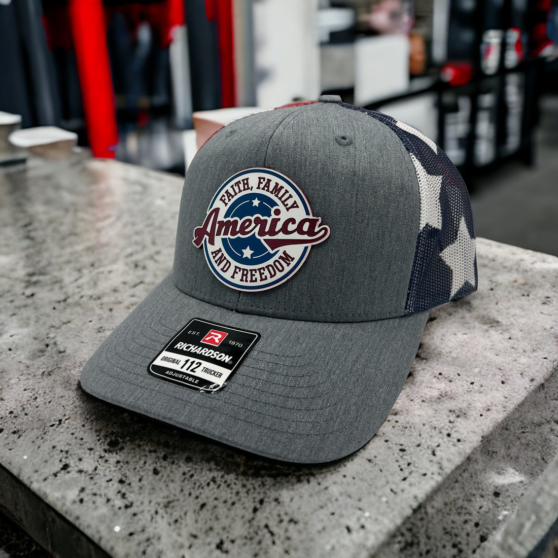 Rock Your Faith, Family, and Freedom with this Trucker Hat!