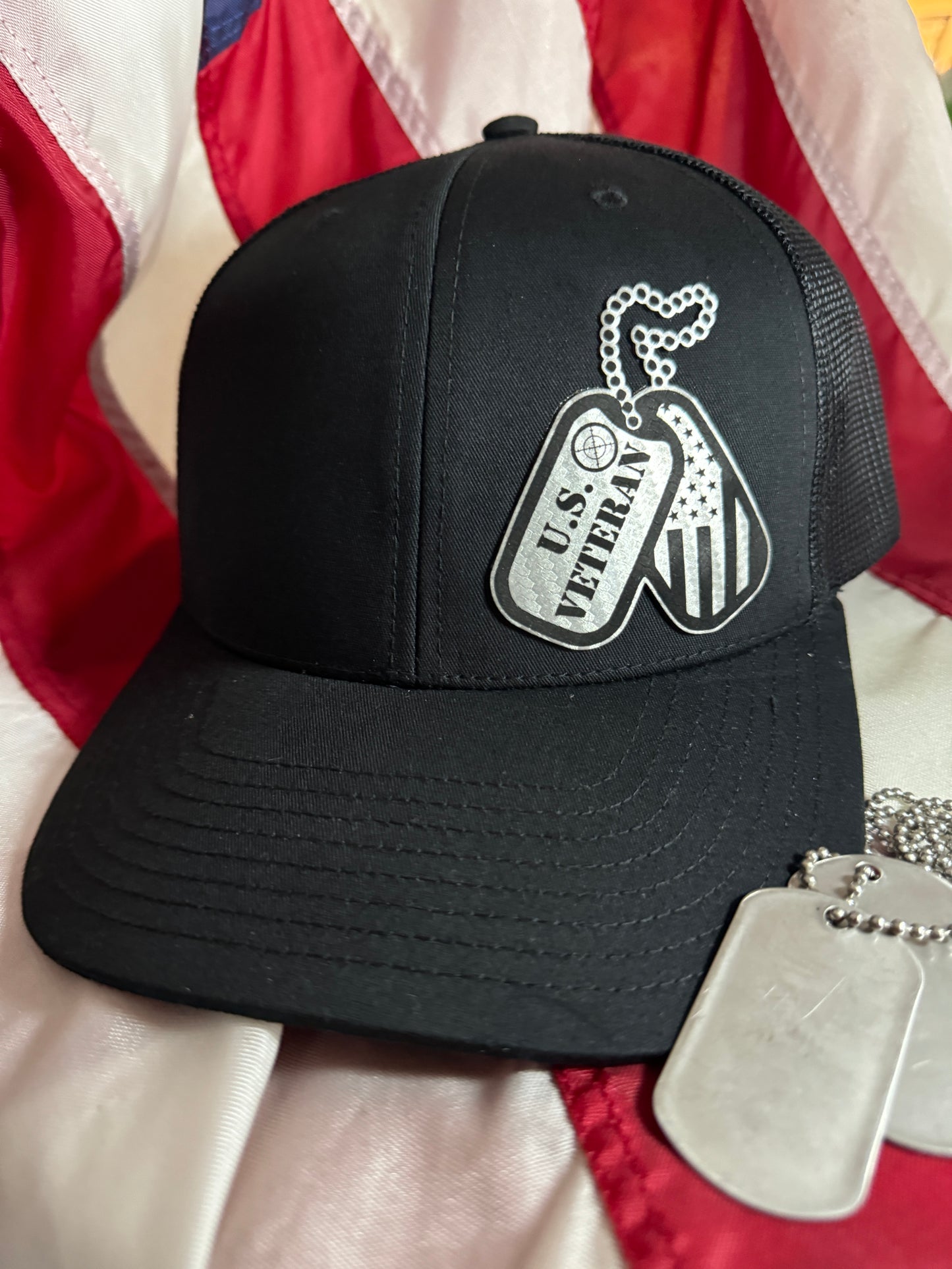 Black Trucker Hat with Carbon Fiber Dog Tags Patch - "US Veteran"