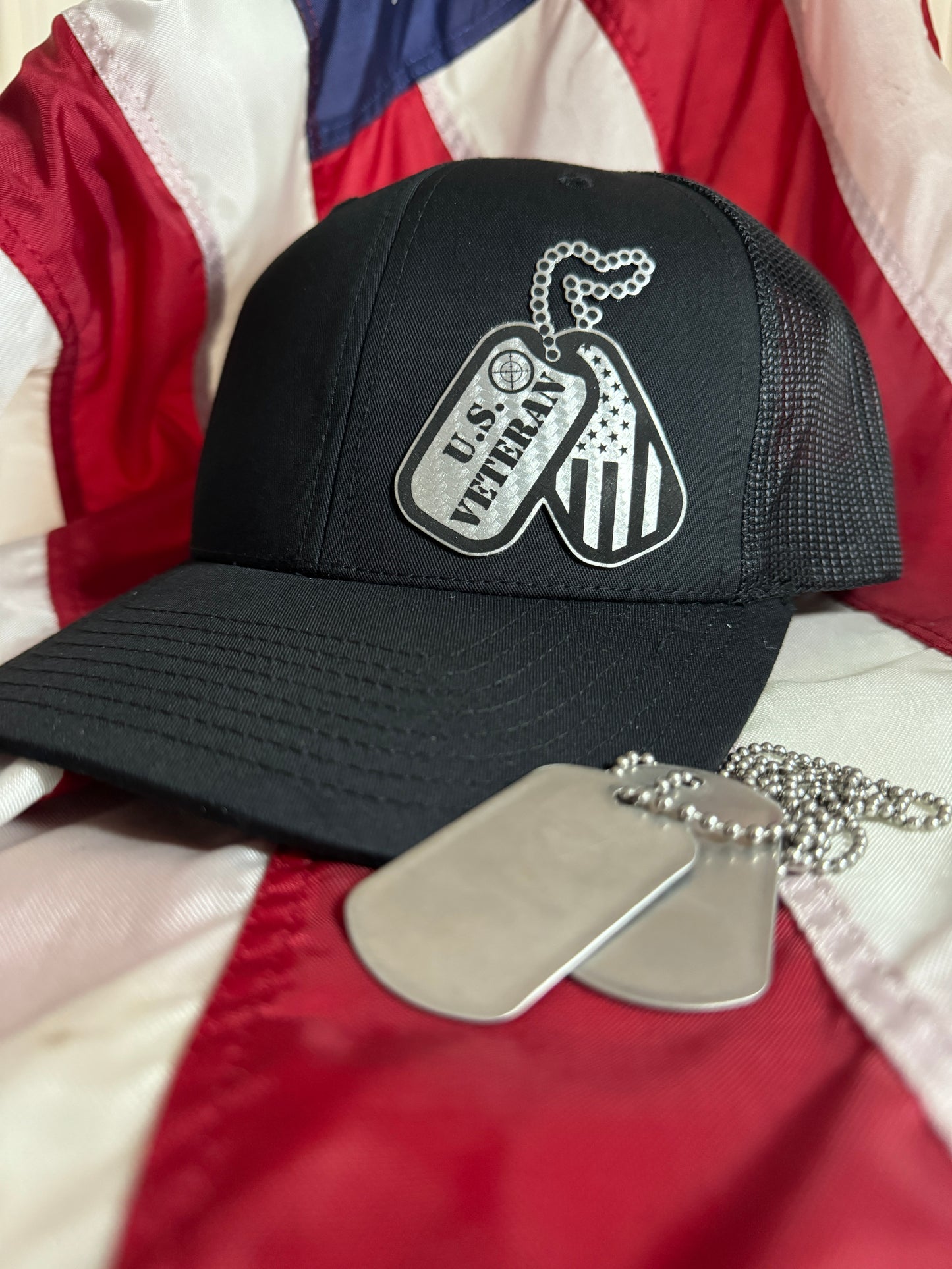 Black Trucker Hat with Carbon Fiber Dog Tags Patch - "US Veteran"