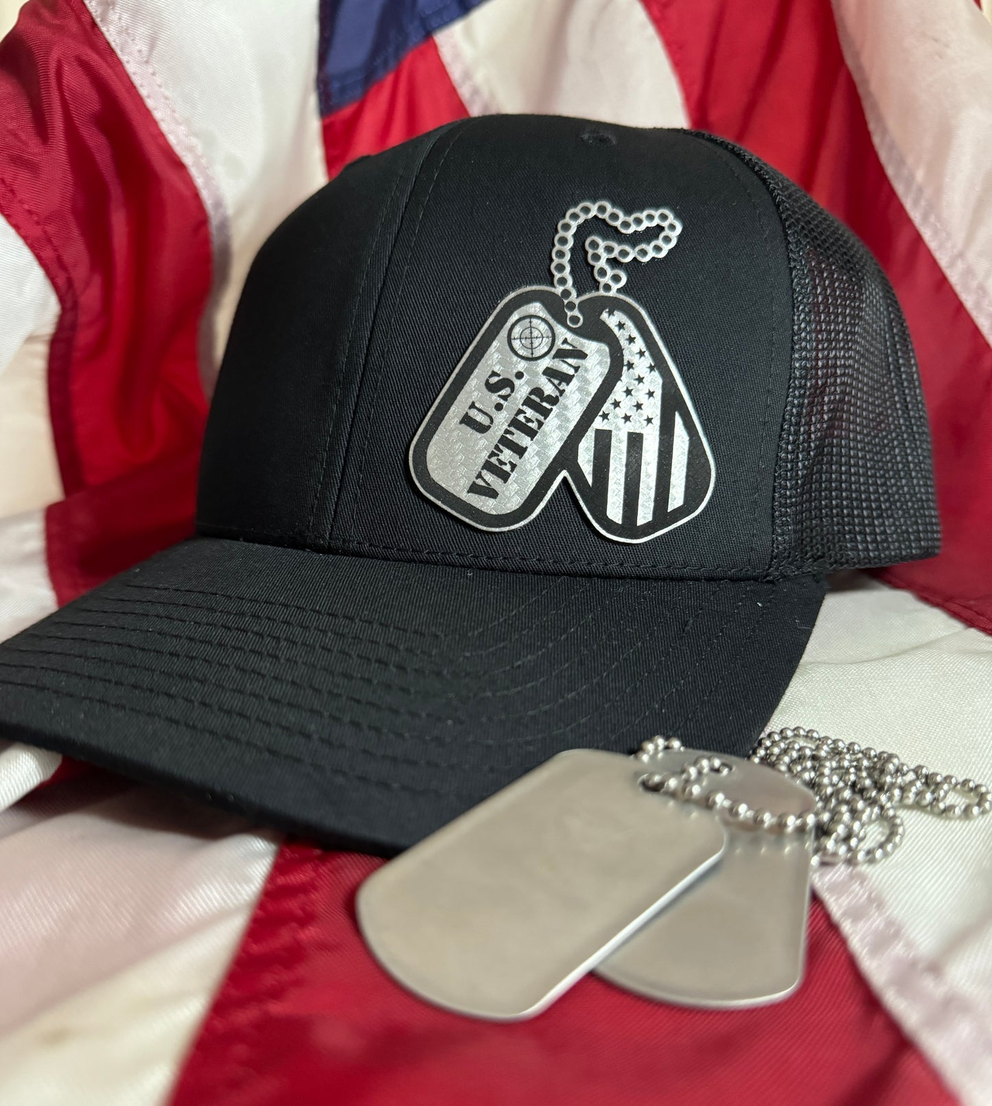 Black Trucker Hat with Carbon Fiber Dog Tags Patch - "US Veteran"